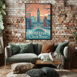 Montreal Clock Tower: Vintage Winter Travel Poster PosterGoat