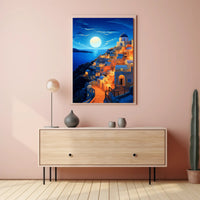 Moonlit Santorini Coastal Village Travel Poster PosterGoat