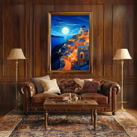 Moonlit Santorini Coastal Village Travel Poster PosterGoat