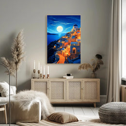 Moonlit Santorini Coastal Village Travel Poster PosterGoat