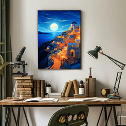 Moonlit Santorini Coastal Village Travel Poster PosterGoat