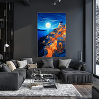 Moonlit Santorini Coastal Village Travel Poster PosterGoat