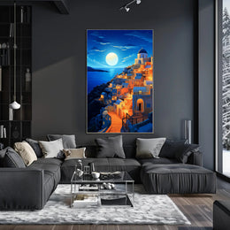 Moonlit Santorini Coastal Village Travel Poster PosterGoat