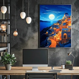 Moonlit Santorini Coastal Village Travel Poster PosterGoat