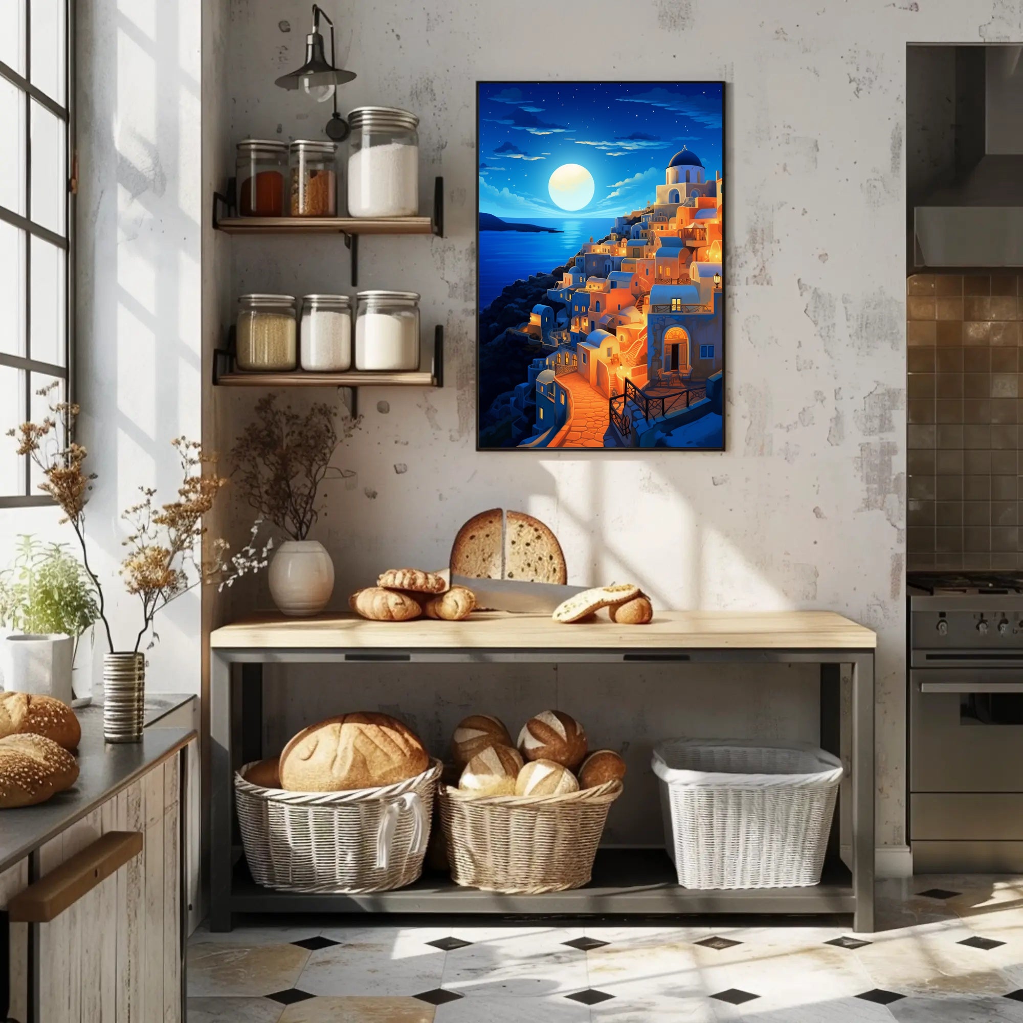 Moonlit Santorini Coastal Village Travel Poster PosterGoat
