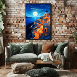 Moonlit Santorini Coastal Village Travel Poster PosterGoat