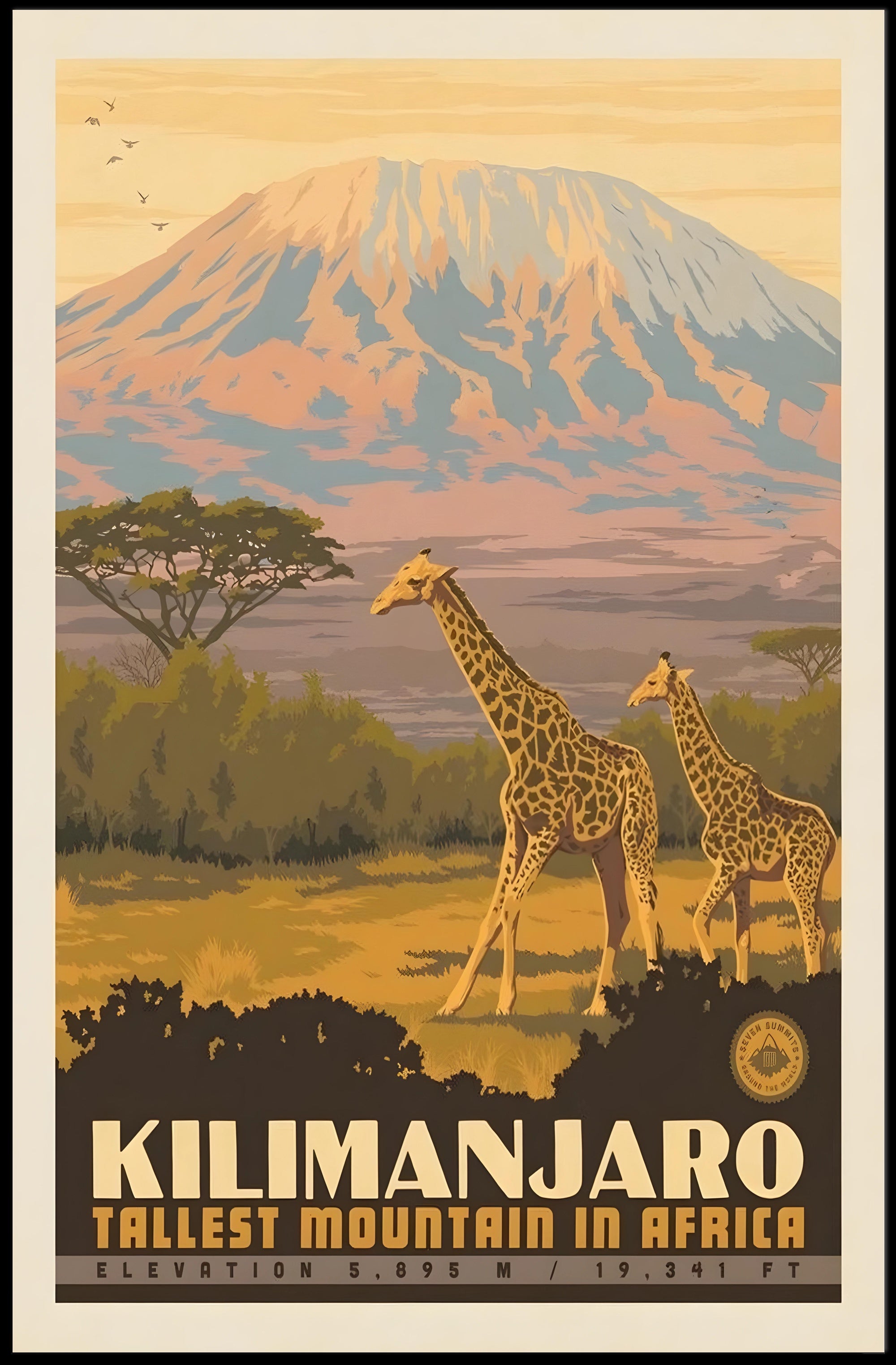 Mount Kilimanjaro Giraffes Retro Travel Poster PosterGoat