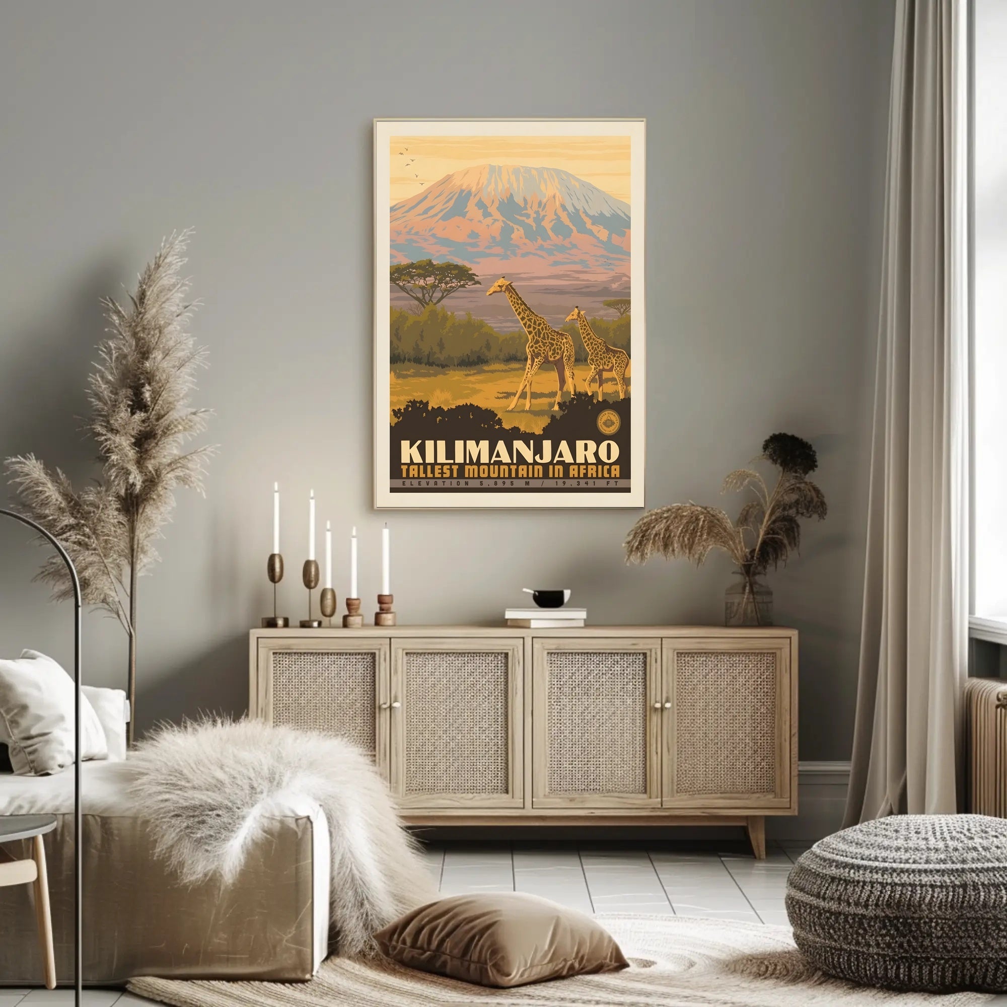 Mount Kilimanjaro Giraffes Retro Travel Poster PosterGoat