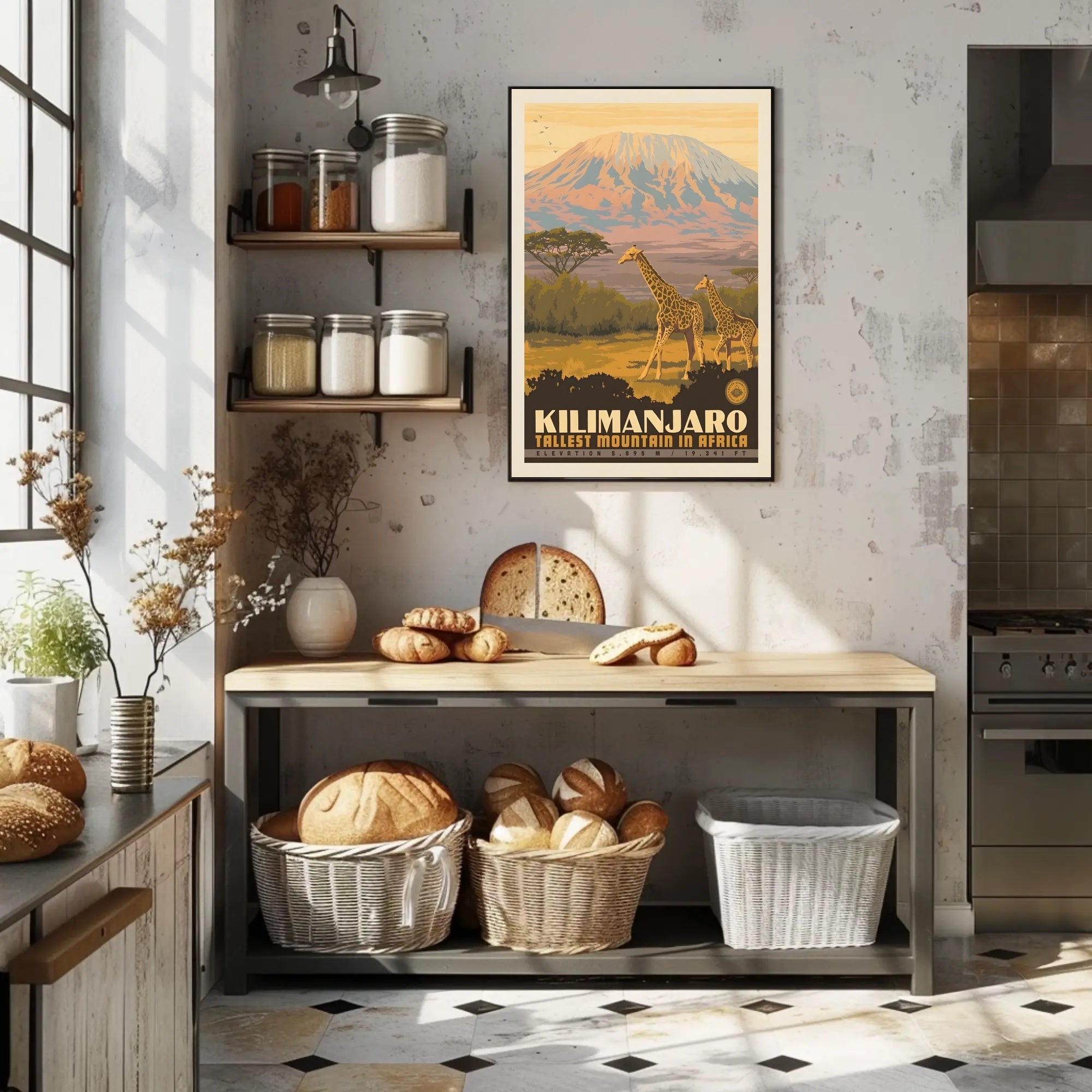 Mount Kilimanjaro Giraffes Retro Travel Poster PosterGoat