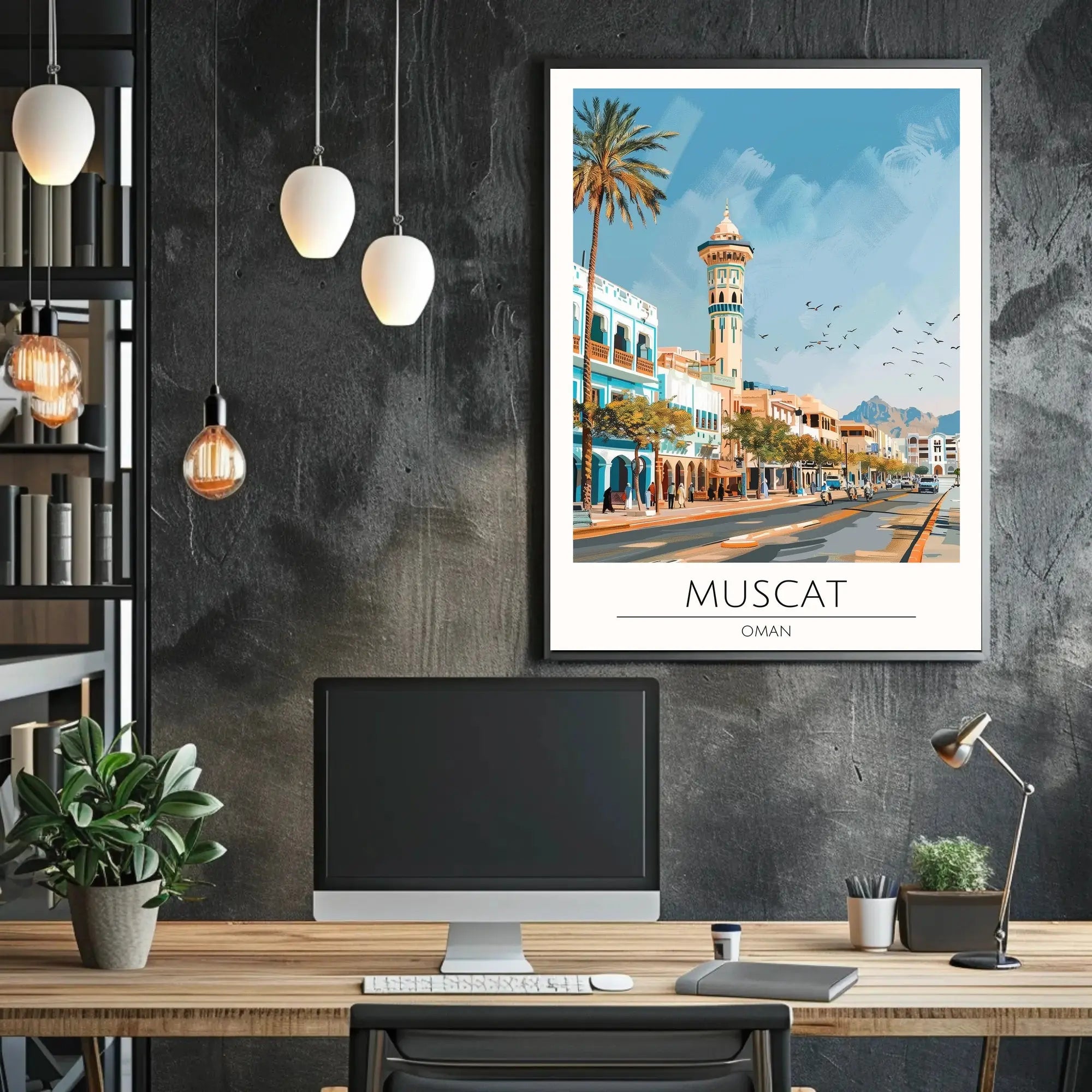 Muscat's Vibrant Street Scene Architectural Poster PosterGoat