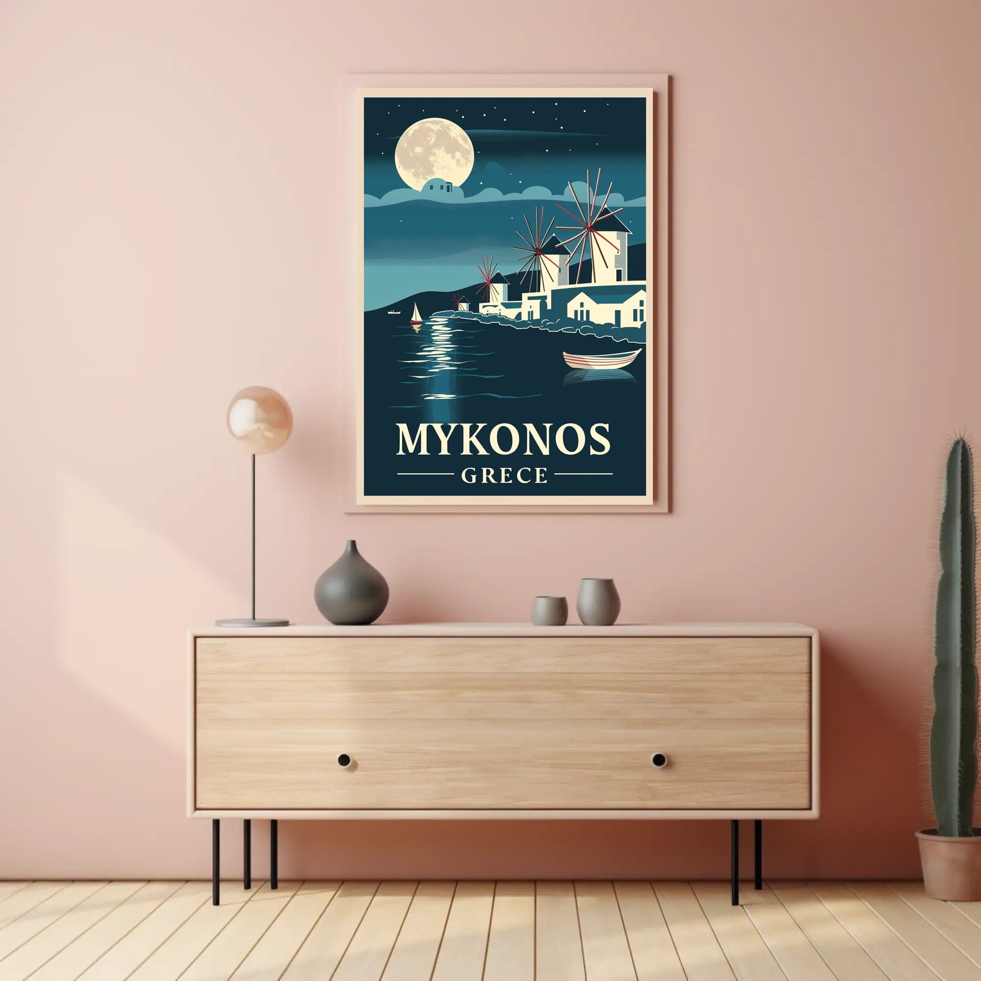 Mykonos Moonlit Serenity Vintage Travel Poster PosterGoat