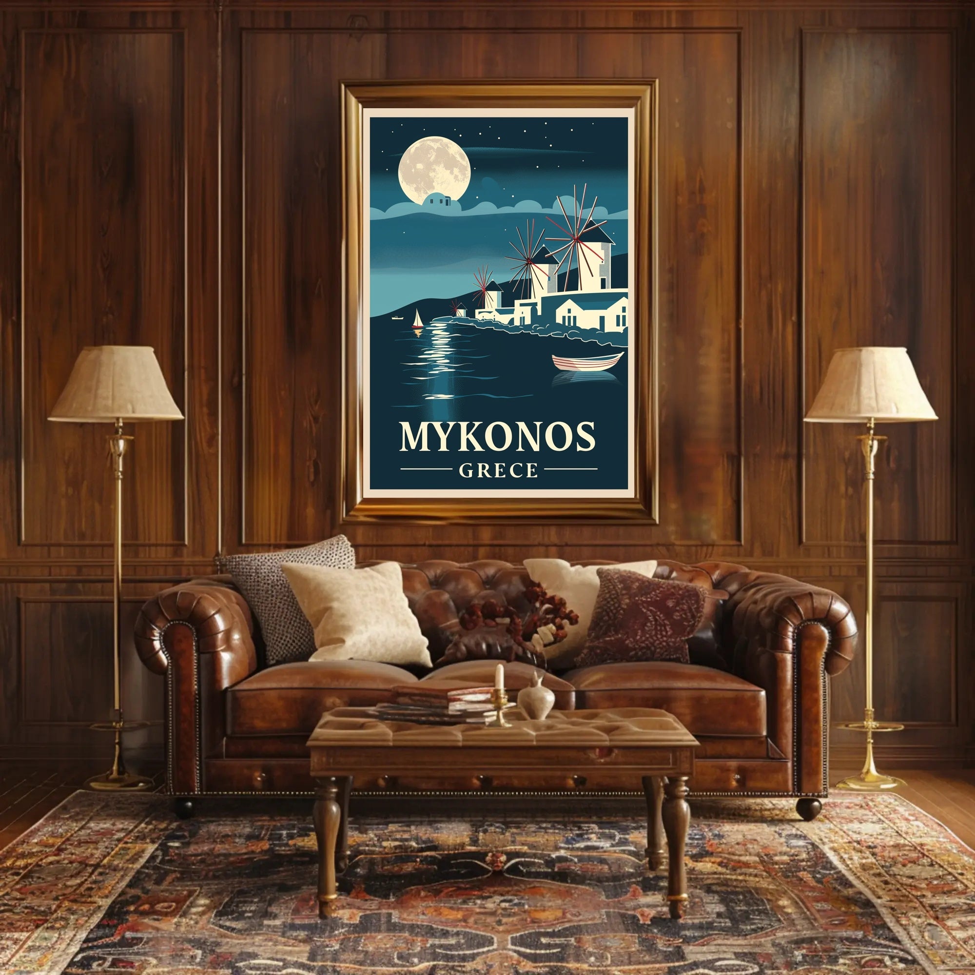 Mykonos Moonlit Serenity Vintage Travel Poster PosterGoat