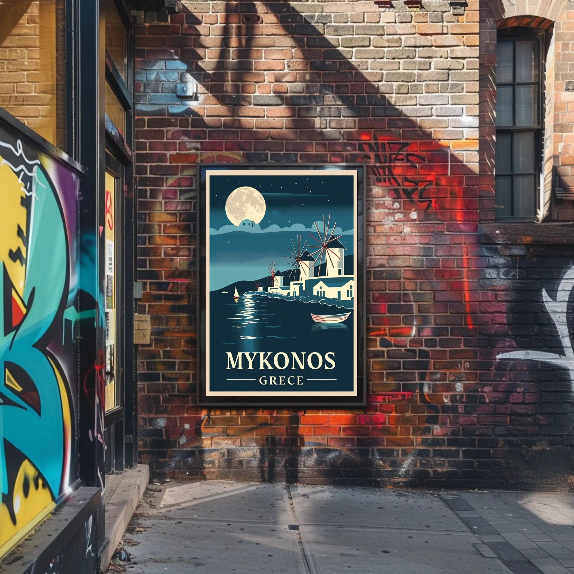 Mykonos Moonlit Serenity Vintage Travel Poster PosterGoat