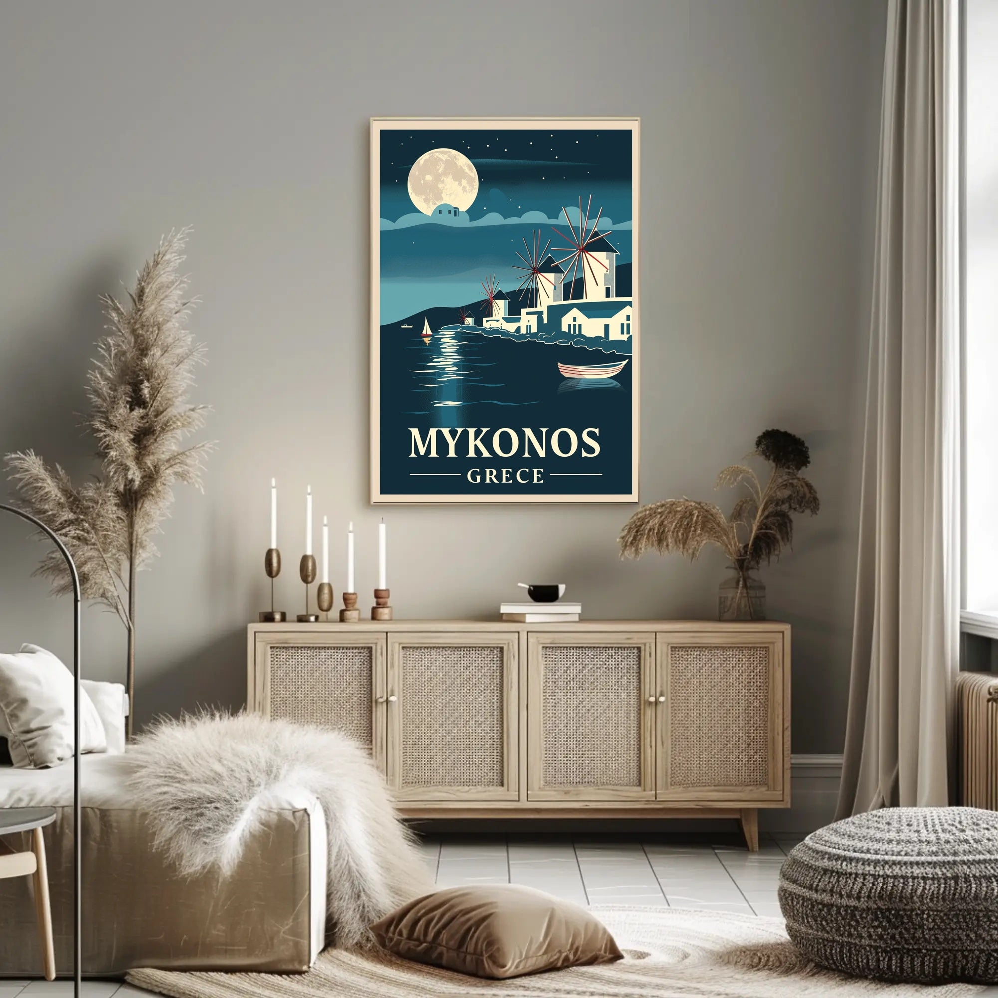 Mykonos Moonlit Serenity Vintage Travel Poster PosterGoat