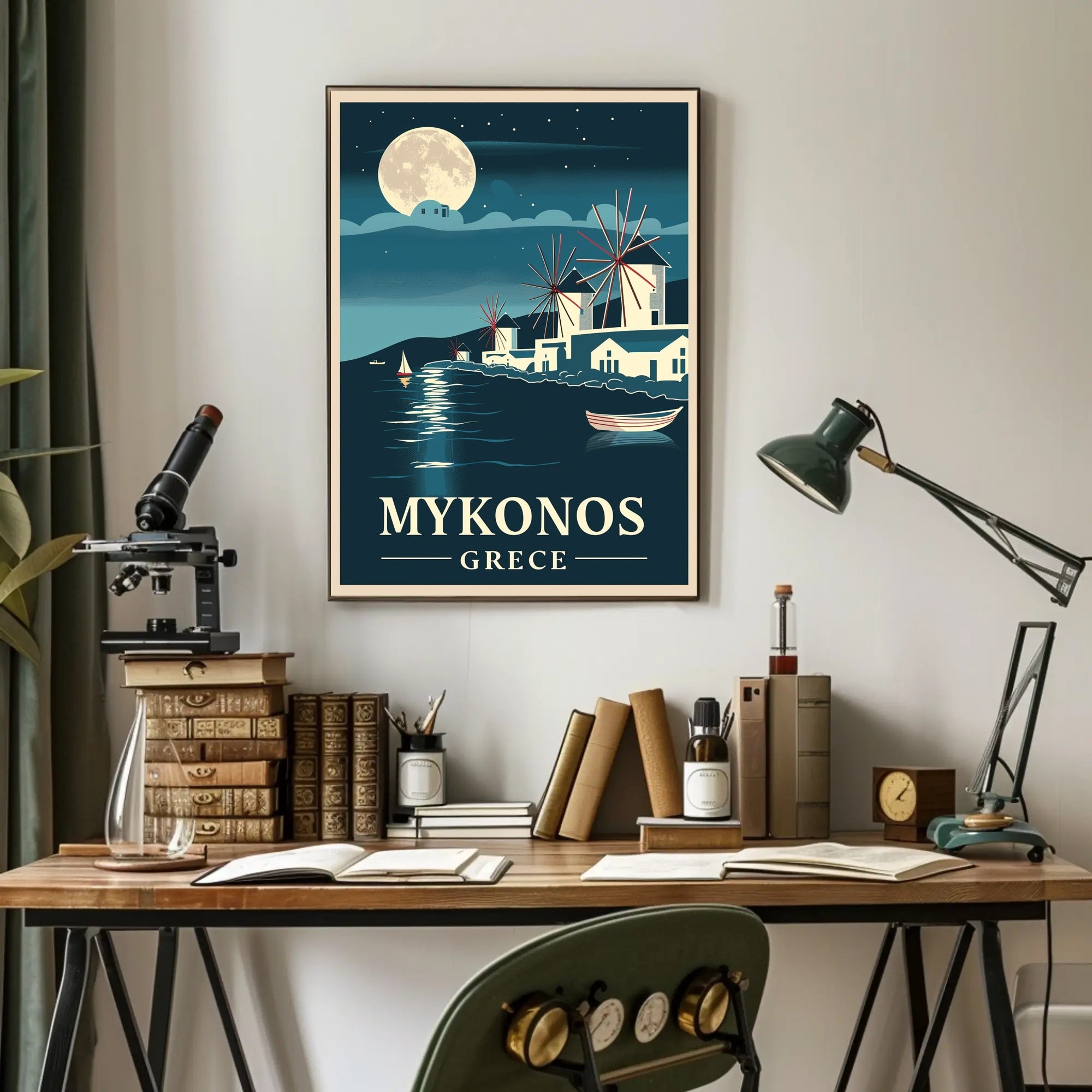 Mykonos Moonlit Serenity Vintage Travel Poster PosterGoat