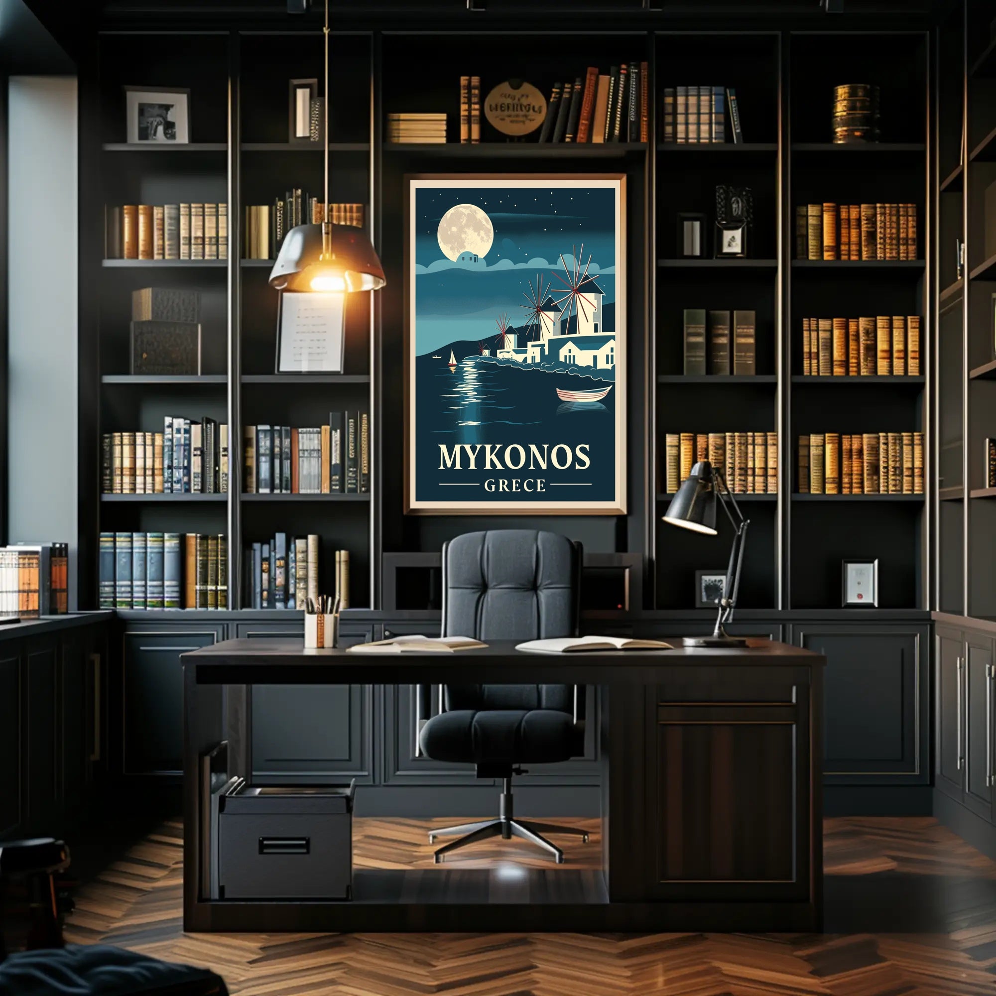 Mykonos Moonlit Serenity Vintage Travel Poster PosterGoat