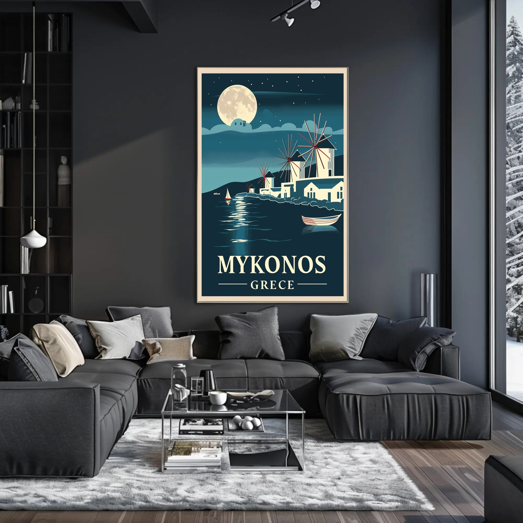 Mykonos Moonlit Serenity Vintage Travel Poster PosterGoat