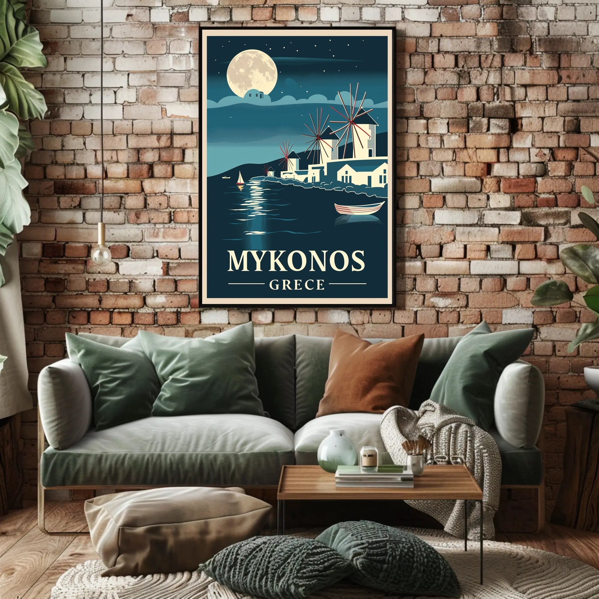 Mykonos Moonlit Serenity Vintage Travel Poster PosterGoat