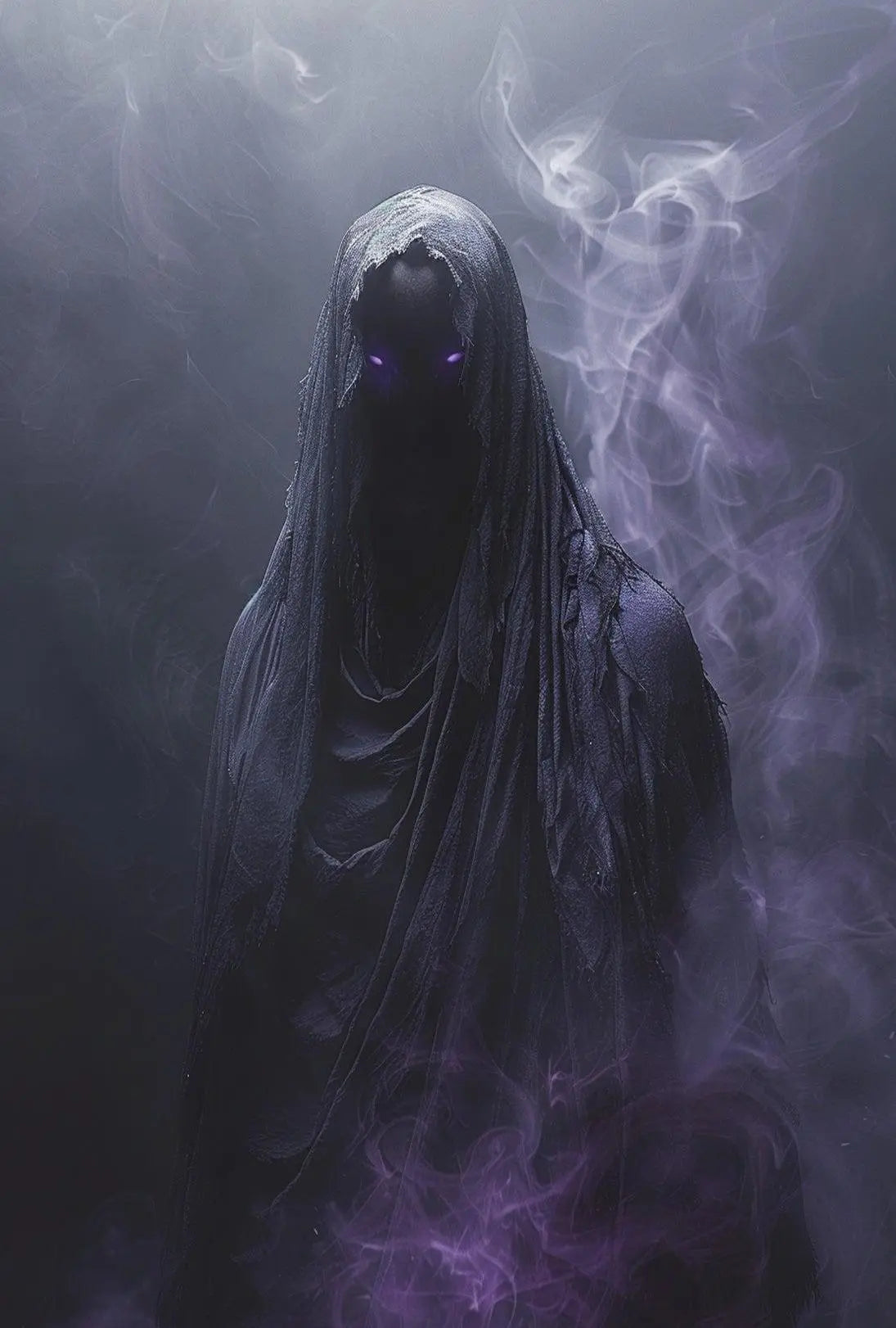 Mysterious Cloaked Figure with Glowing Eyes Artistic Poster PosterGoat