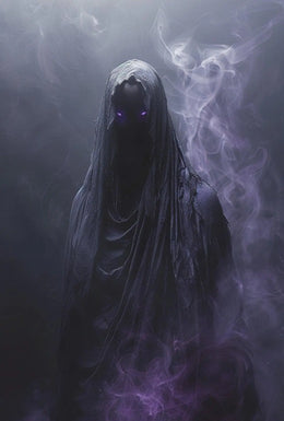 Mysterious Cloaked Figure with Glowing Eyes Artistic Poster PosterGoat
