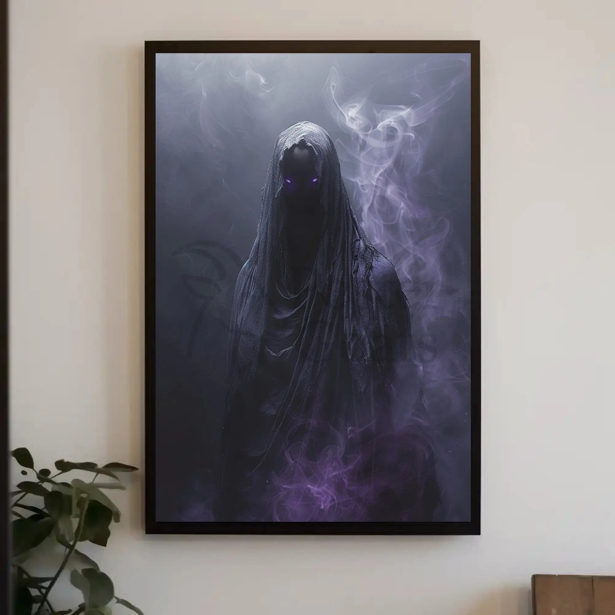 Mysterious Cloaked Figure with Glowing Eyes Artistic Poster PosterGoat