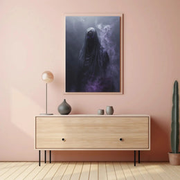 Mysterious Cloaked Figure with Glowing Eyes Artistic Poster PosterGoat