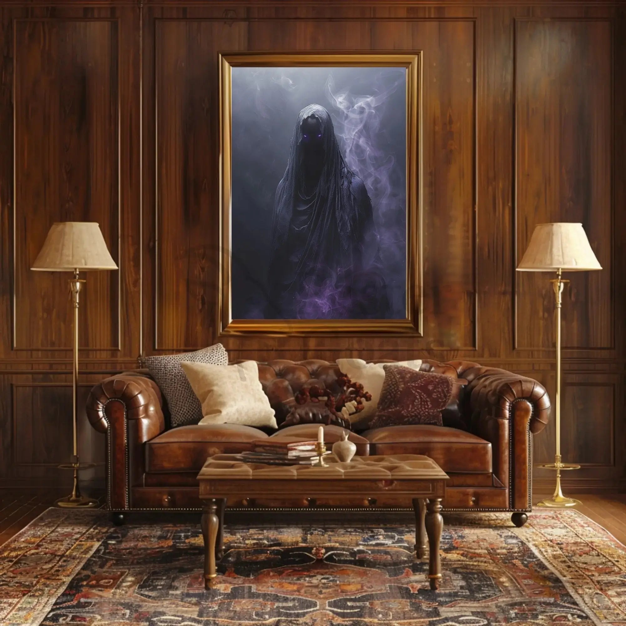 Mysterious Cloaked Figure with Glowing Eyes Artistic Poster PosterGoat