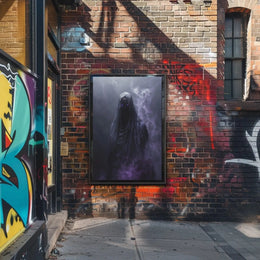 Mysterious Cloaked Figure with Glowing Eyes Artistic Poster PosterGoat