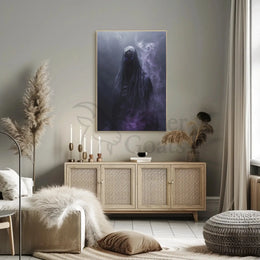 Mysterious Cloaked Figure with Glowing Eyes Artistic Poster PosterGoat