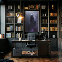 Mysterious Cloaked Figure with Glowing Eyes Artistic Poster PosterGoat