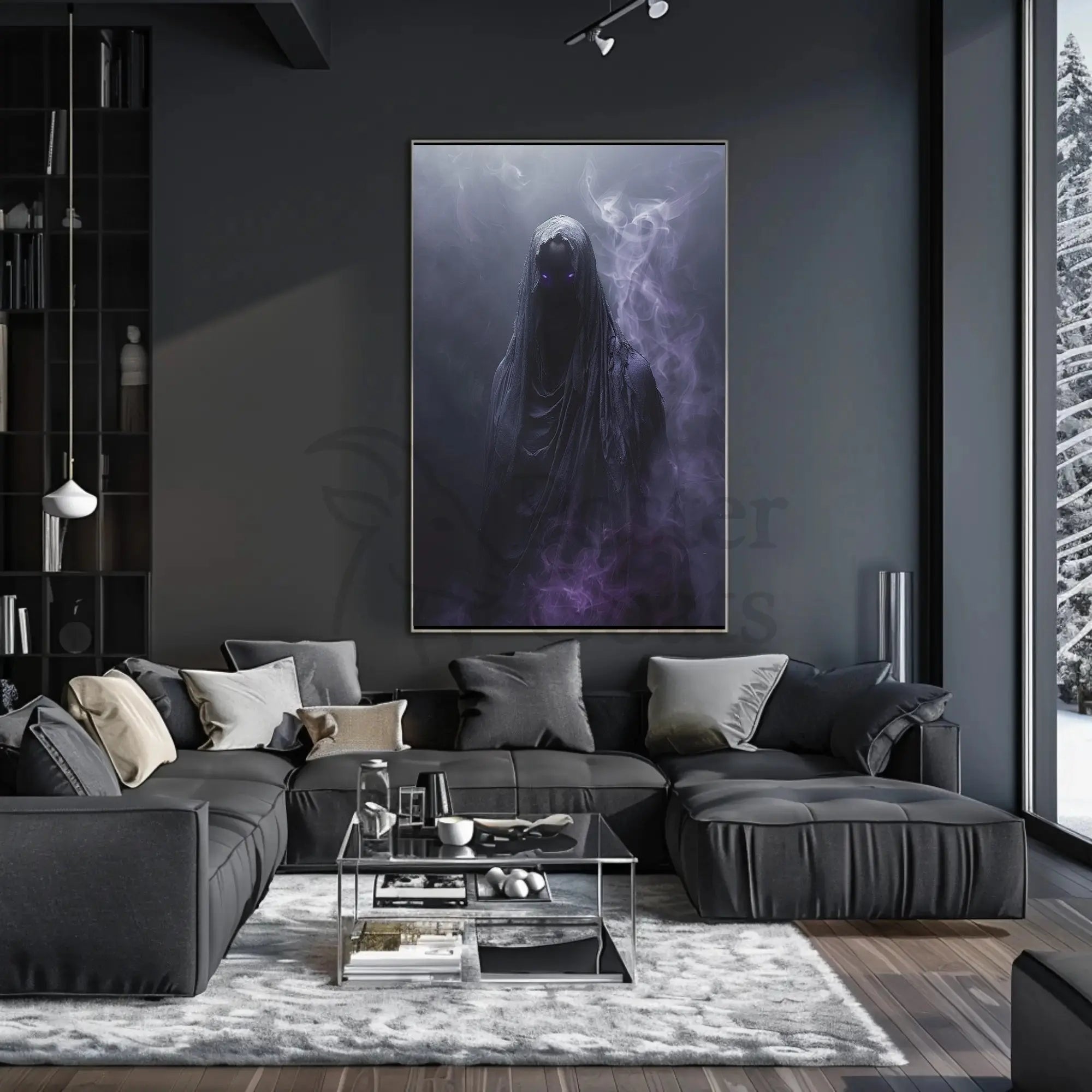Mysterious Cloaked Figure with Glowing Eyes Artistic Poster PosterGoat
