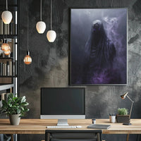 Mysterious Cloaked Figure with Glowing Eyes Artistic Poster PosterGoat