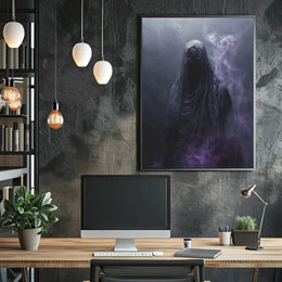 Mysterious Cloaked Figure with Glowing Eyes Artistic Poster PosterGoat