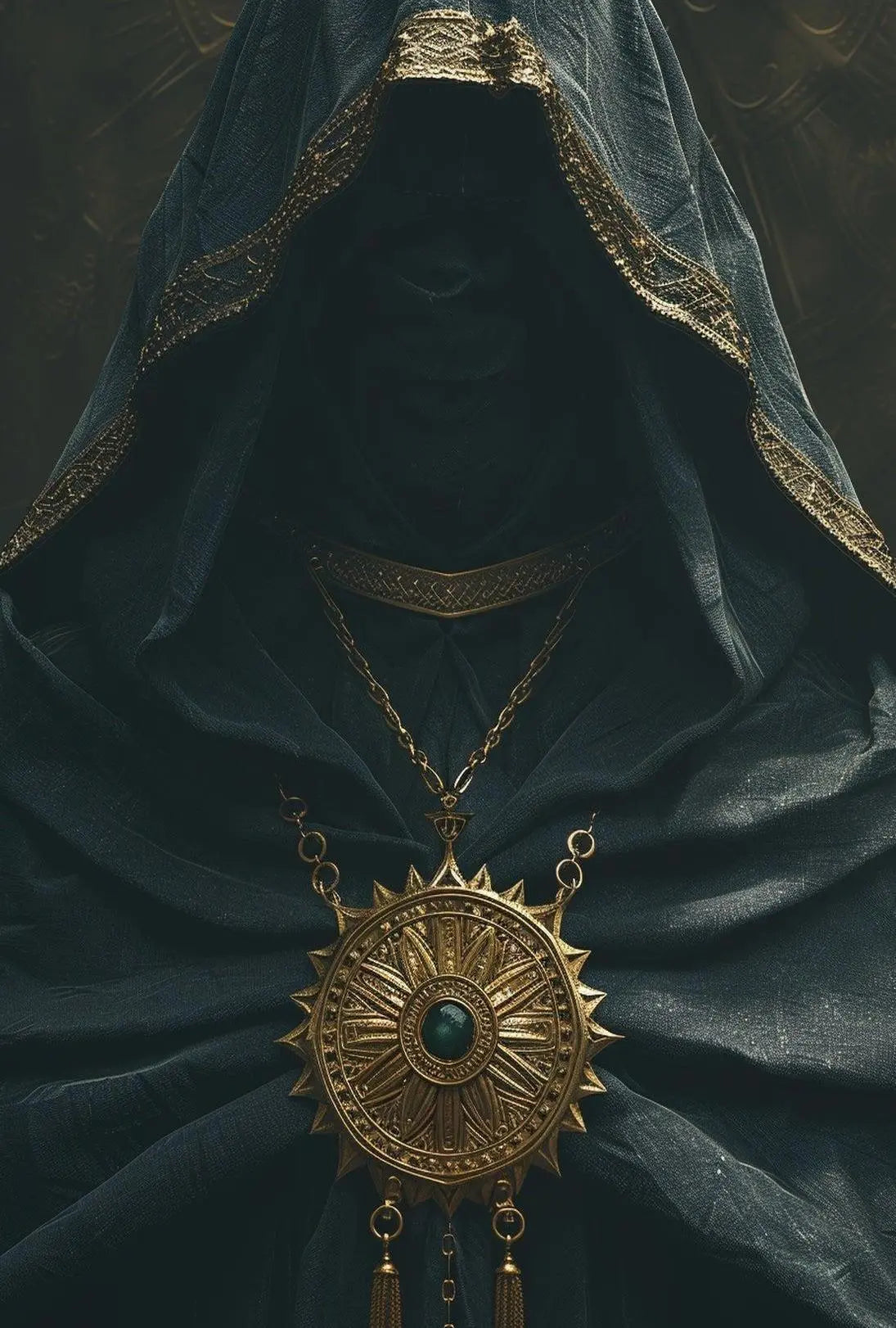 Mysterious Cloaked Figure with Ornate Medallion Fantasy Poster PosterGoat