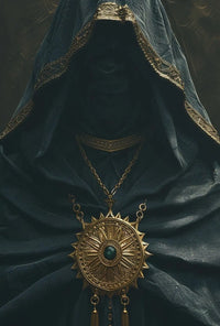 Mysterious Cloaked Figure with Ornate Medallion Fantasy Poster PosterGoat