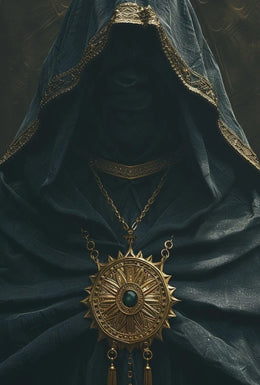 Mysterious Cloaked Figure with Ornate Medallion Fantasy Poster PosterGoat