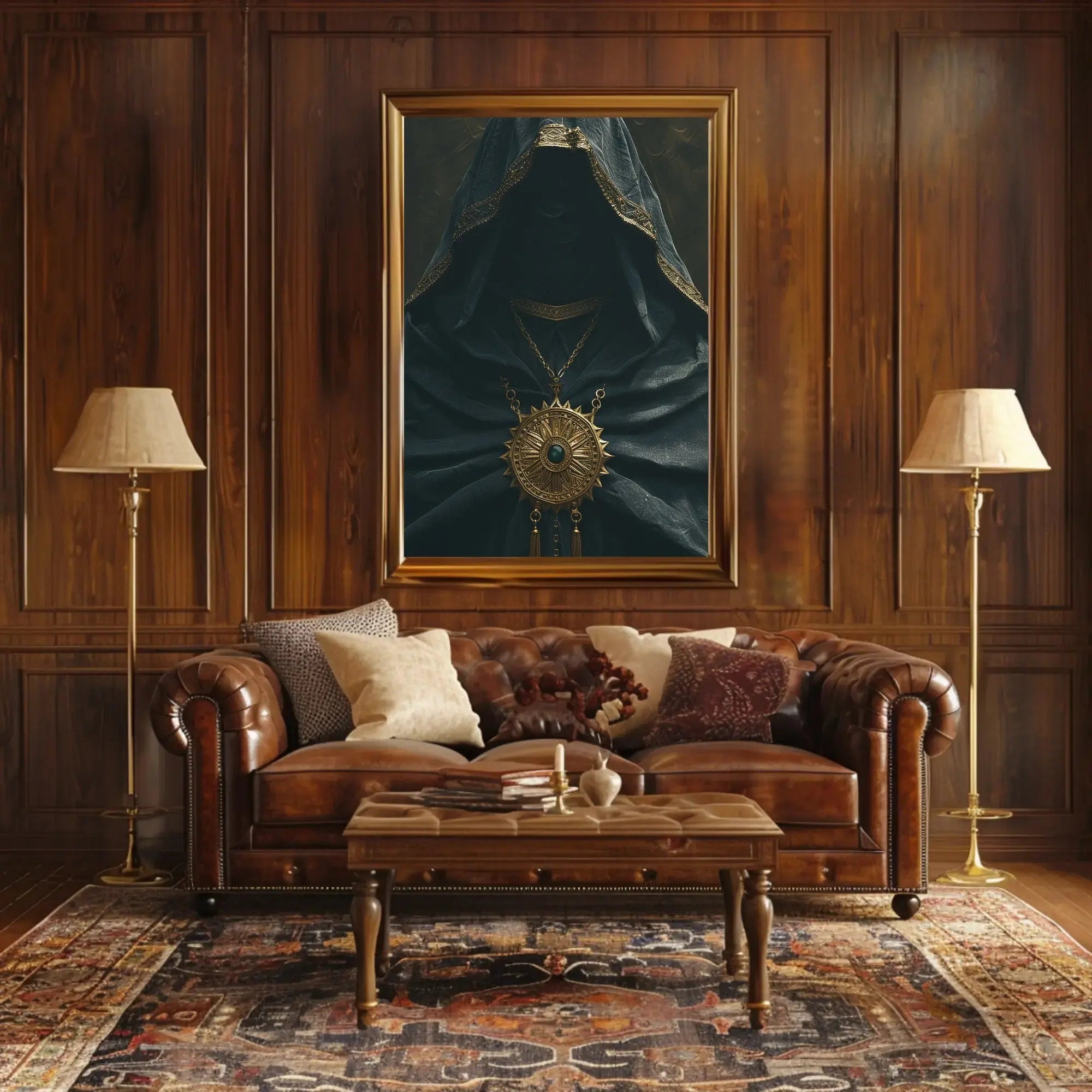 Mysterious Cloaked Figure with Ornate Medallion Fantasy Poster PosterGoat
