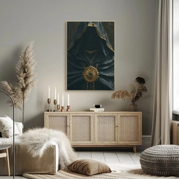 Mysterious Cloaked Figure with Ornate Medallion Fantasy Poster PosterGoat