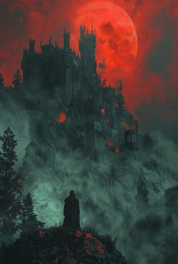 Mysterious Gothic Castle with Cloaked Figure Artistic Poster PosterGoat