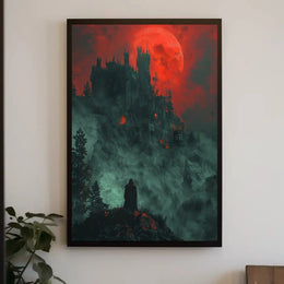 Mysterious Gothic Castle with Cloaked Figure Artistic Poster PosterGoat