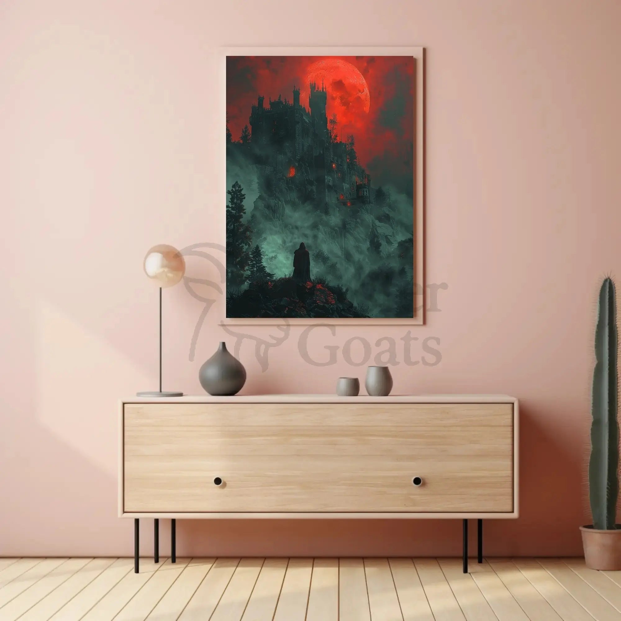 Mysterious Gothic Castle with Cloaked Figure Artistic Poster PosterGoat