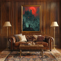 Mysterious Gothic Castle with Cloaked Figure Artistic Poster PosterGoat