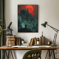 Mysterious Gothic Castle with Cloaked Figure Artistic Poster PosterGoat