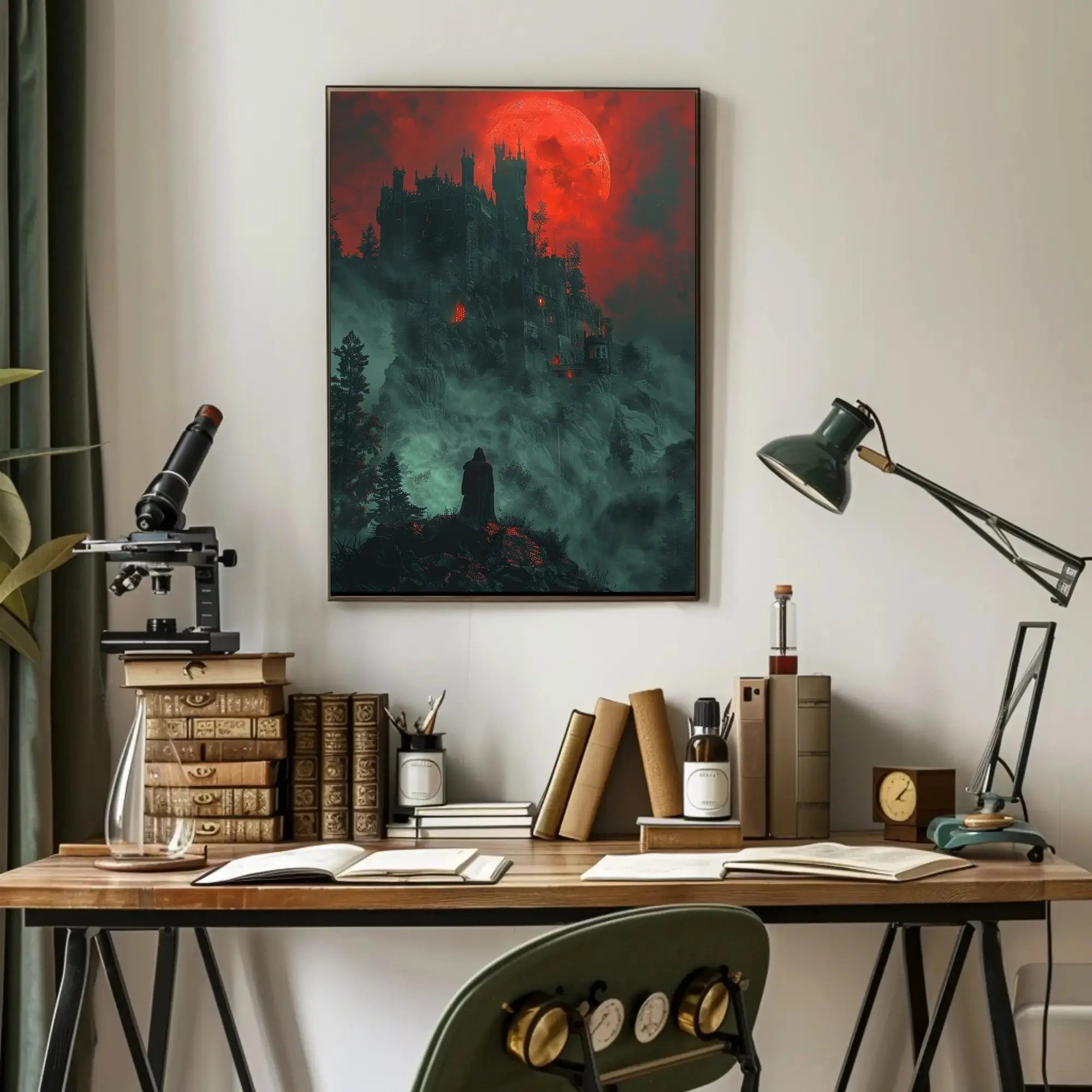 Mysterious Gothic Castle with Cloaked Figure Artistic Poster PosterGoat