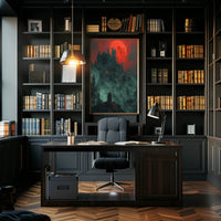 Mysterious Gothic Castle with Cloaked Figure Artistic Poster PosterGoat