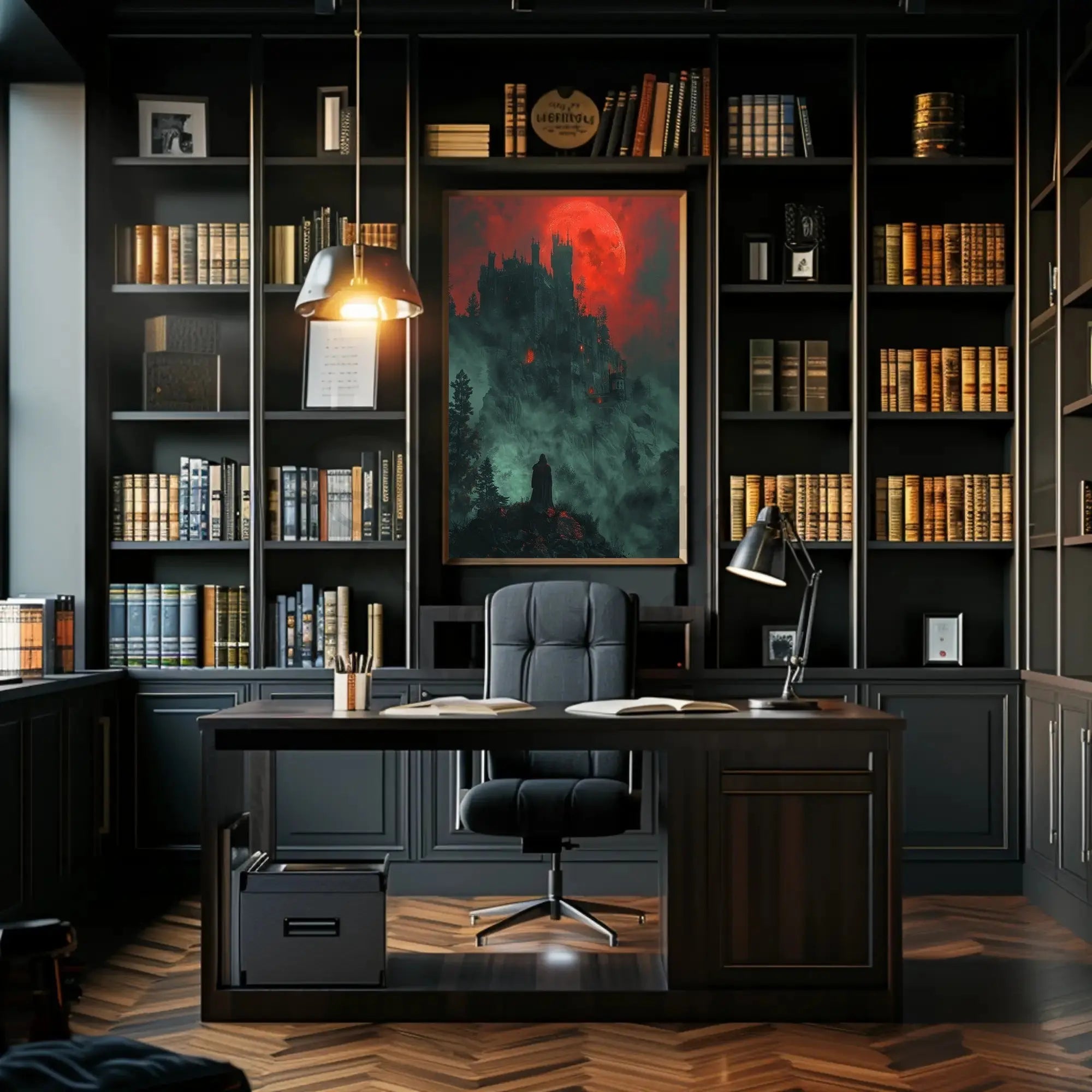 Mysterious Gothic Castle with Cloaked Figure Artistic Poster PosterGoat