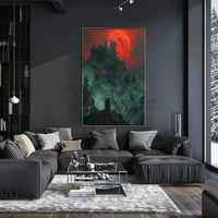 Mysterious Gothic Castle with Cloaked Figure Artistic Poster PosterGoat
