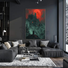Mysterious Gothic Castle with Cloaked Figure Artistic Poster PosterGoat