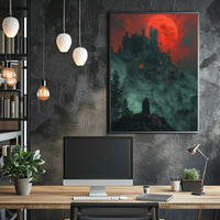 Mysterious Gothic Castle with Cloaked Figure Artistic Poster PosterGoat
