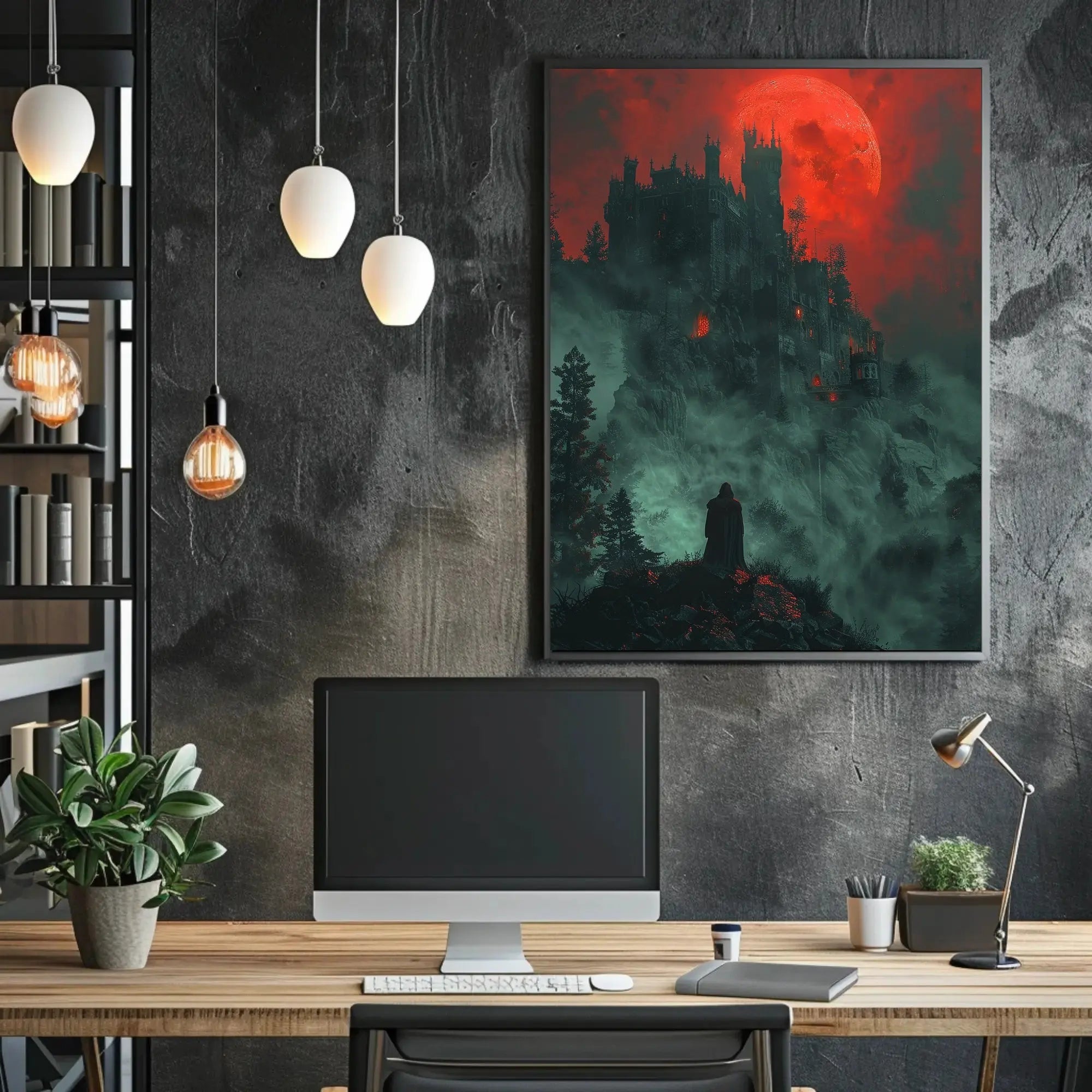 Mysterious Gothic Castle with Cloaked Figure Artistic Poster PosterGoat
